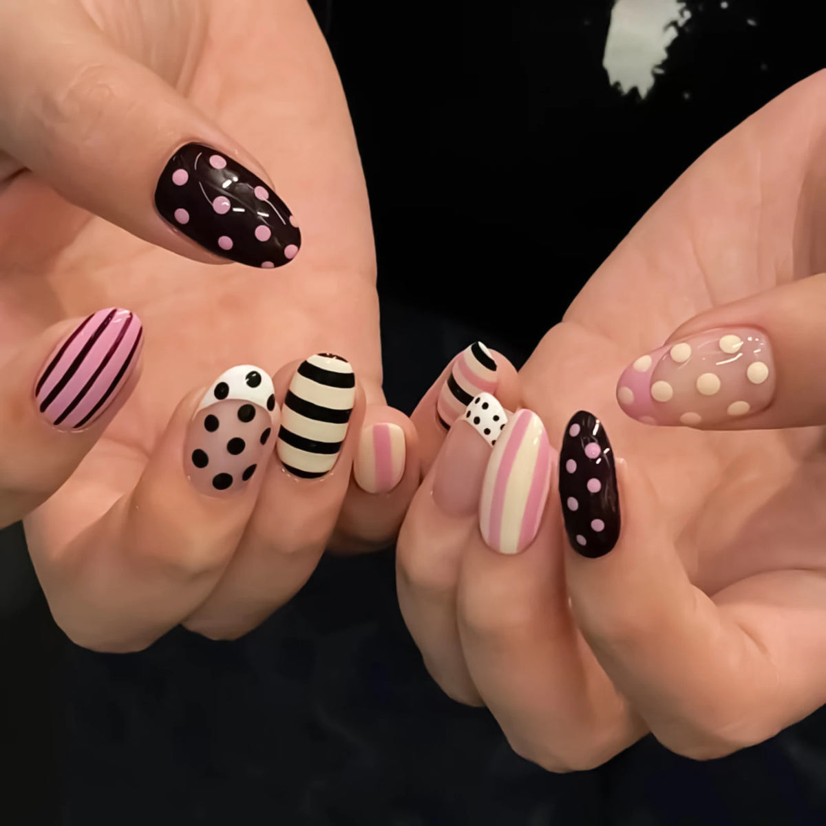 24pcs Sweet Punk pink and black French polka dot striped long coffin press-on false nail tips