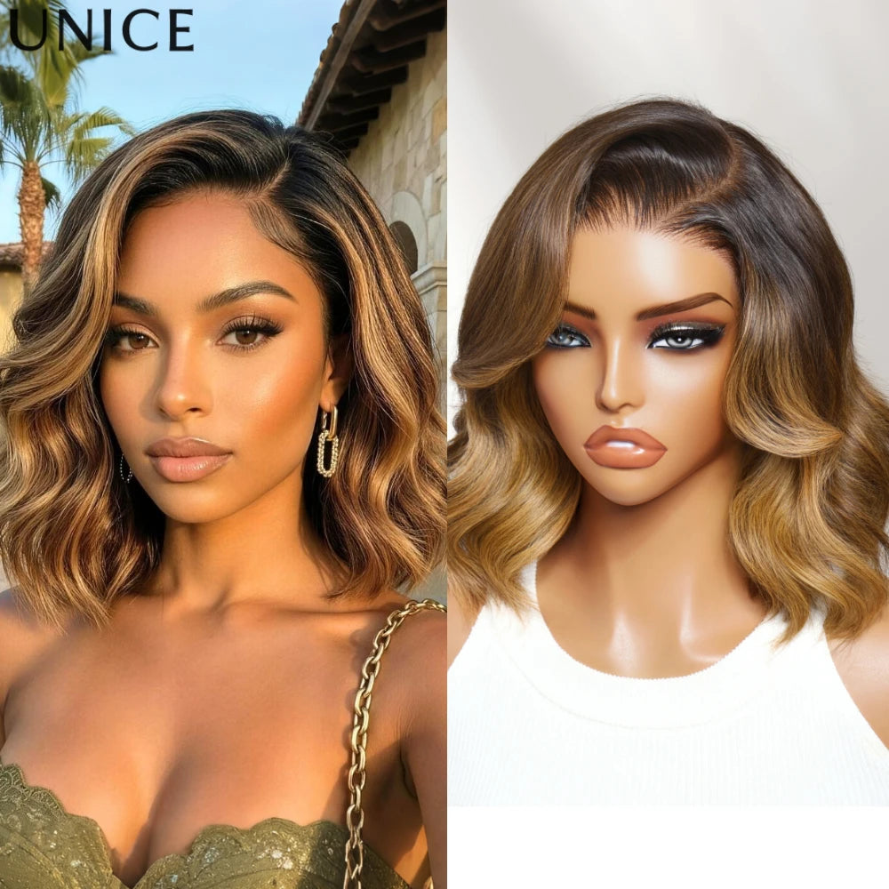 UNice No-Slip 7x5 & 13x4 Lace Brown With Honey Blonde Face-Framing Highlights Wavy Bob With Drawstring 100% Human Hair Glueless Wig Ready To Wear Go