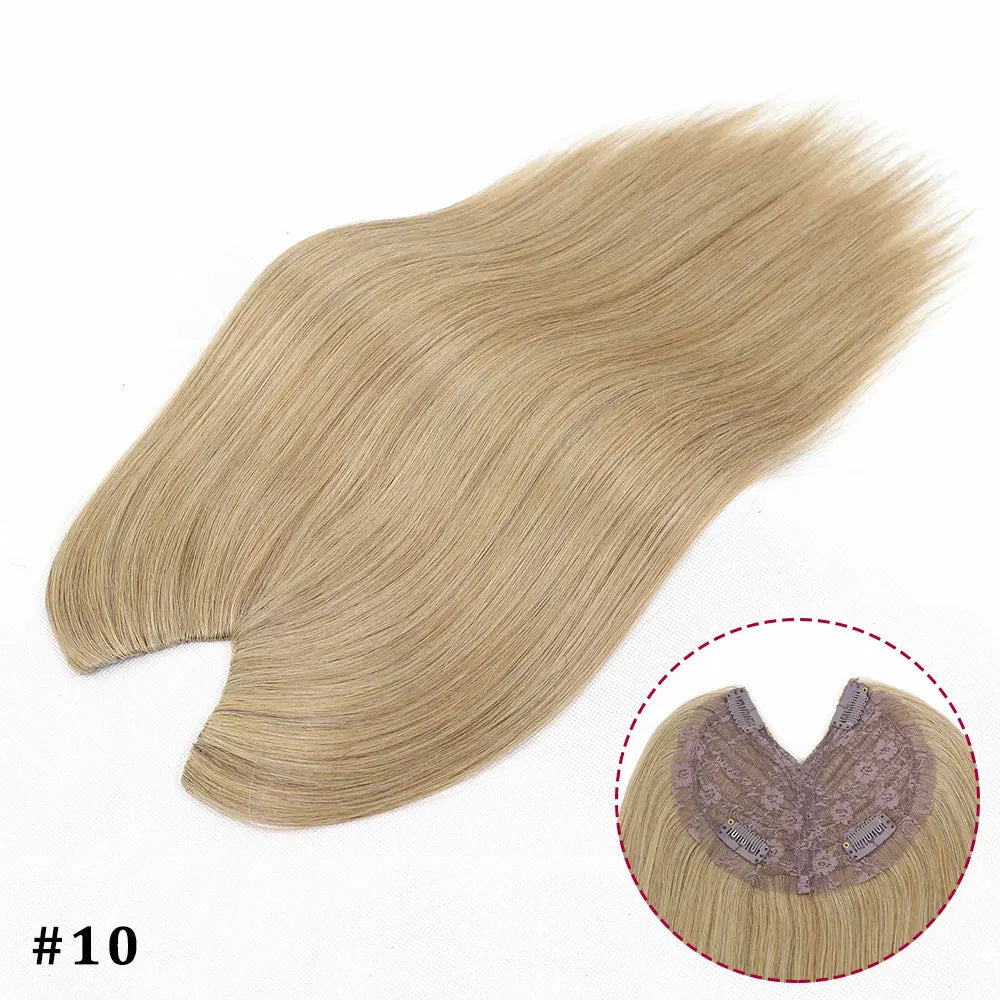 V-shape clip-in human hair extensions, straight brown blonde highlights, 16-inch Brazilian Remy hair topper