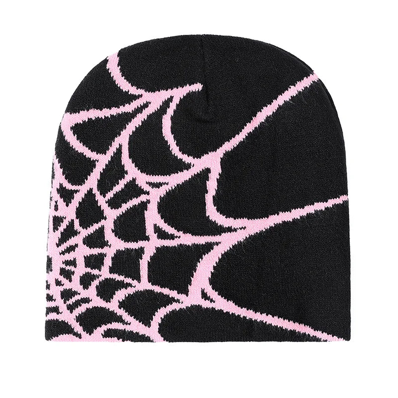 Autumn unisex knitted spiderweb beanie hat, Y2K punk skull cap for women and men, black streetwear winter hat