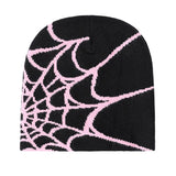 Autumn unisex knitted spiderweb beanie hat, Y2K punk skull cap for women and men, black streetwear winter hat