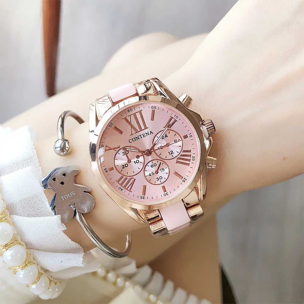 Contena Brand Luxury Women's Watch Fashion Rhinestones Stainless Steel Quartz Watch Simple Elegant Ladies Watch Reloj Mujer