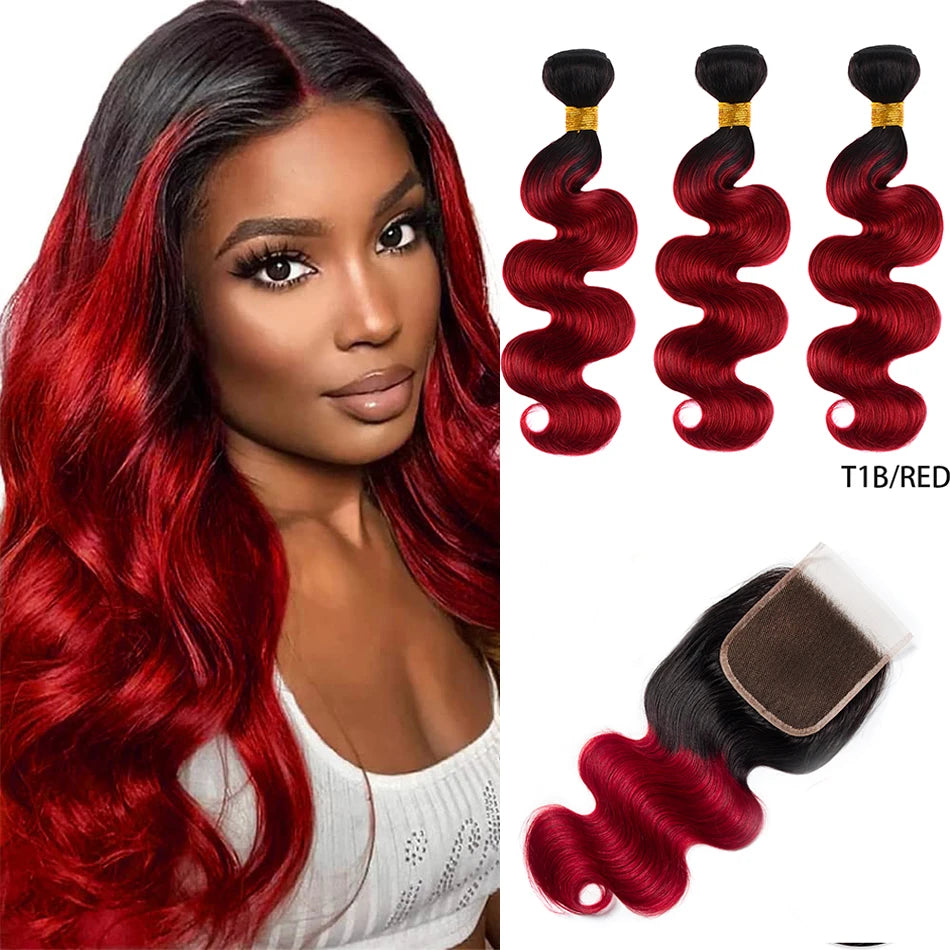 Red body wave Brazilian human hair bundles with closure, 10A grade, by HSF Marketplace