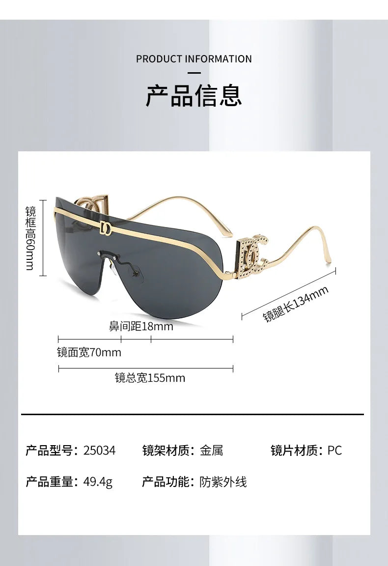 Luxury oversized shield sunglasses by HSF Marketplace with gold metal frame, gradient lenses, UV400 protection, stylish trendy shades.