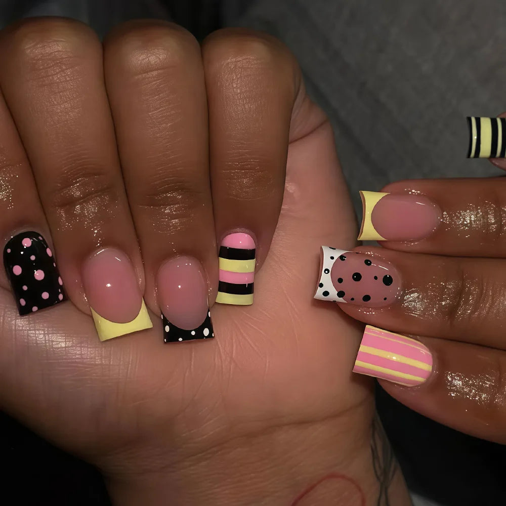 24-piece short square false nails with black and white zebra print, polka dots, and French-style tips