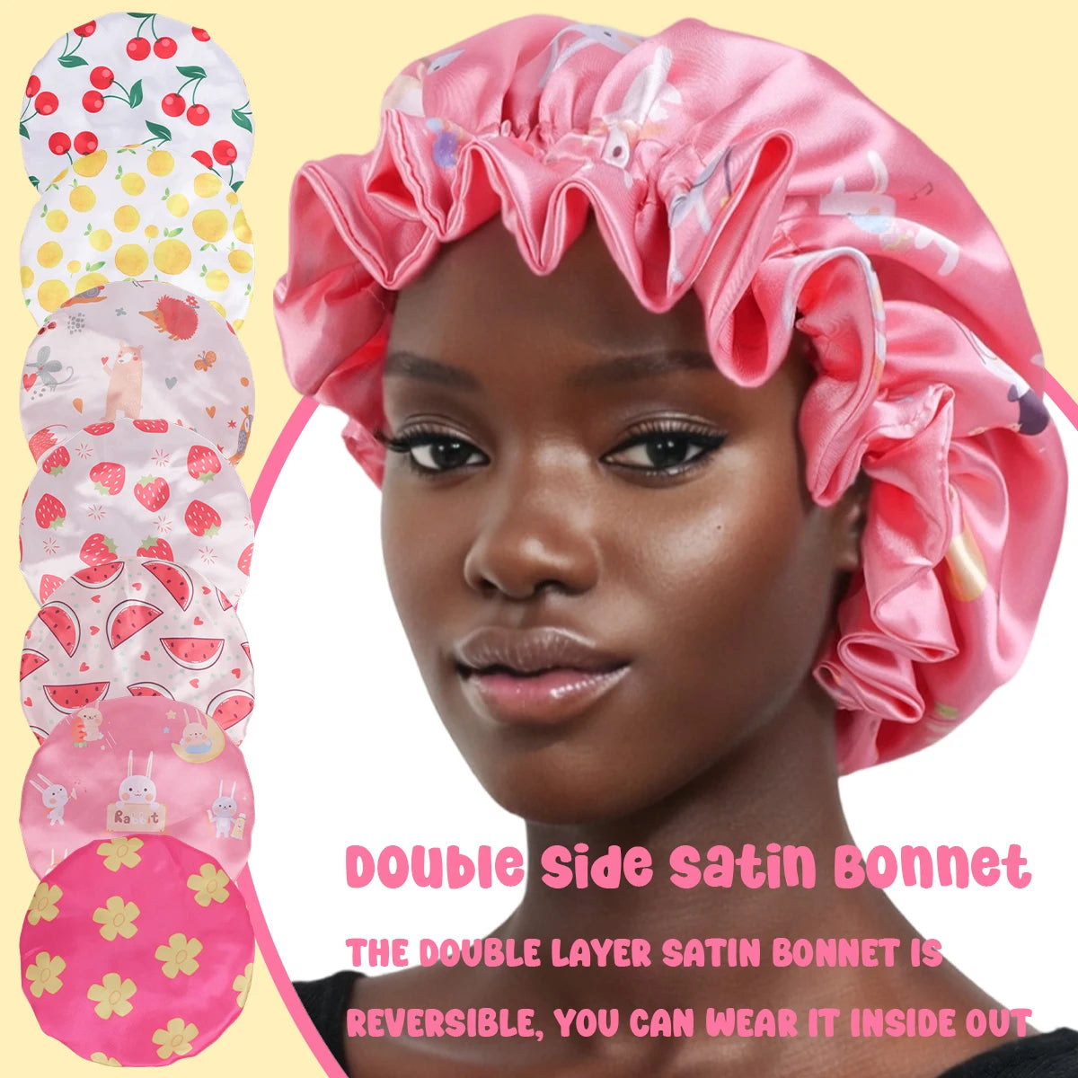 1 Piece Satin Silk Sleep Cap with Fruit Animal Print Double Layer Comfortable for Daily Use