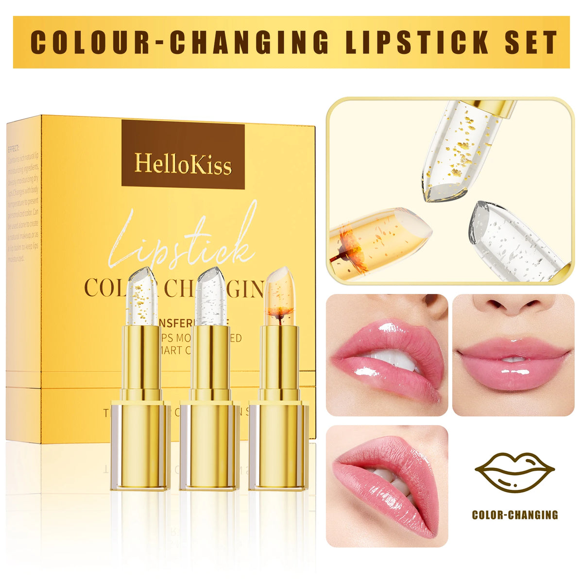 Color-changing flower lipstick by HSF Marketplace, transparent waterproof crystal jelly lip balm with pearlescent finish and moisturizing formula.