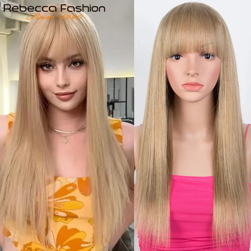 Dirty pink straight human hair wig with bangs, full machine-made, for women, featuring a sleek, straight style and vibrant color.