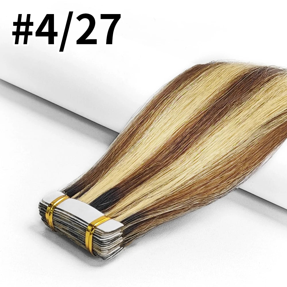 Straight seamless tape-in Remy human hair extensions in natural black, 20-piece skin weft set for women