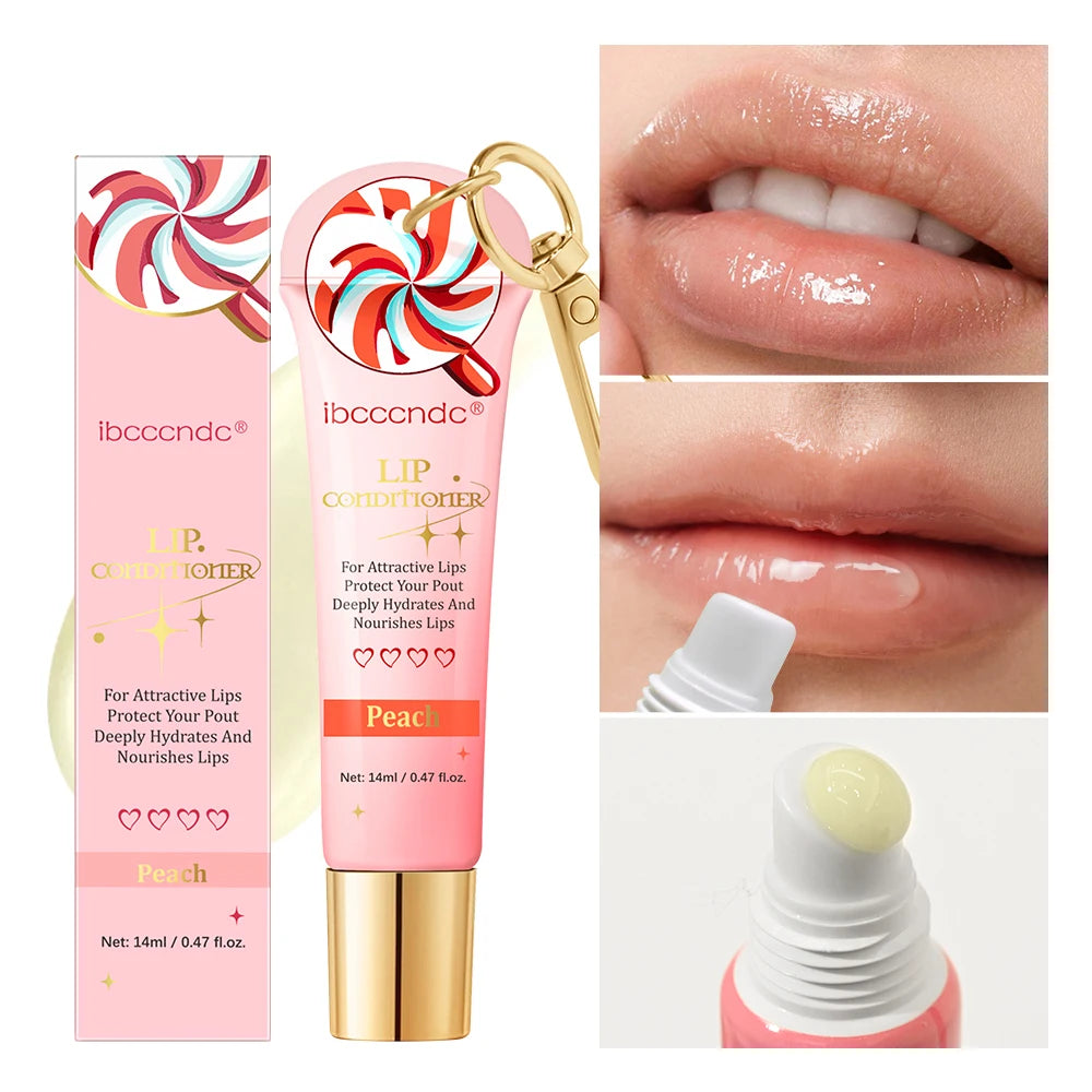 Set of HSF Marketplace lip glosses with peach scent, moisturizing and plumping, displayed with a keychain for makeup and beauty use.