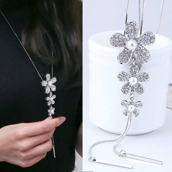 Fashion geometric crystal pendant necklace for women, featuring long design with pearls and statement style jewelry from HSF Marketplace.