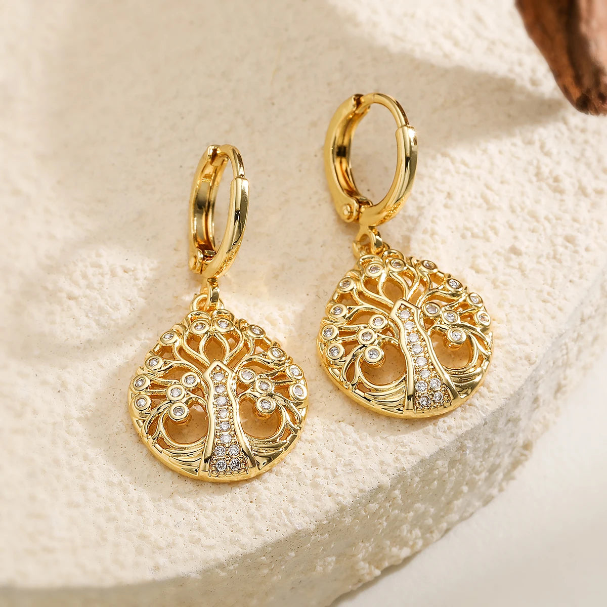 Gold color life tree drop earrings with clear CZ stones for women by HSF Marketplace