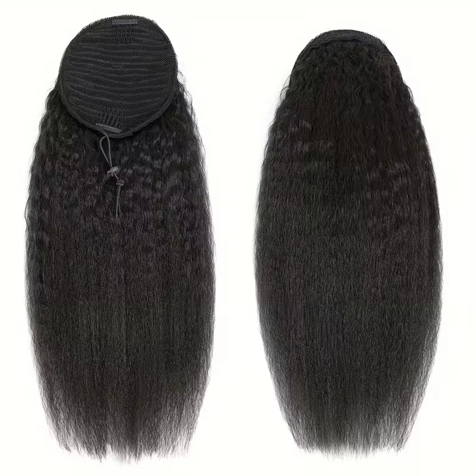 HSF Marketplace kinky straight human hair drawstring ponytail extension, yaki texture, 12–24 inch black hair