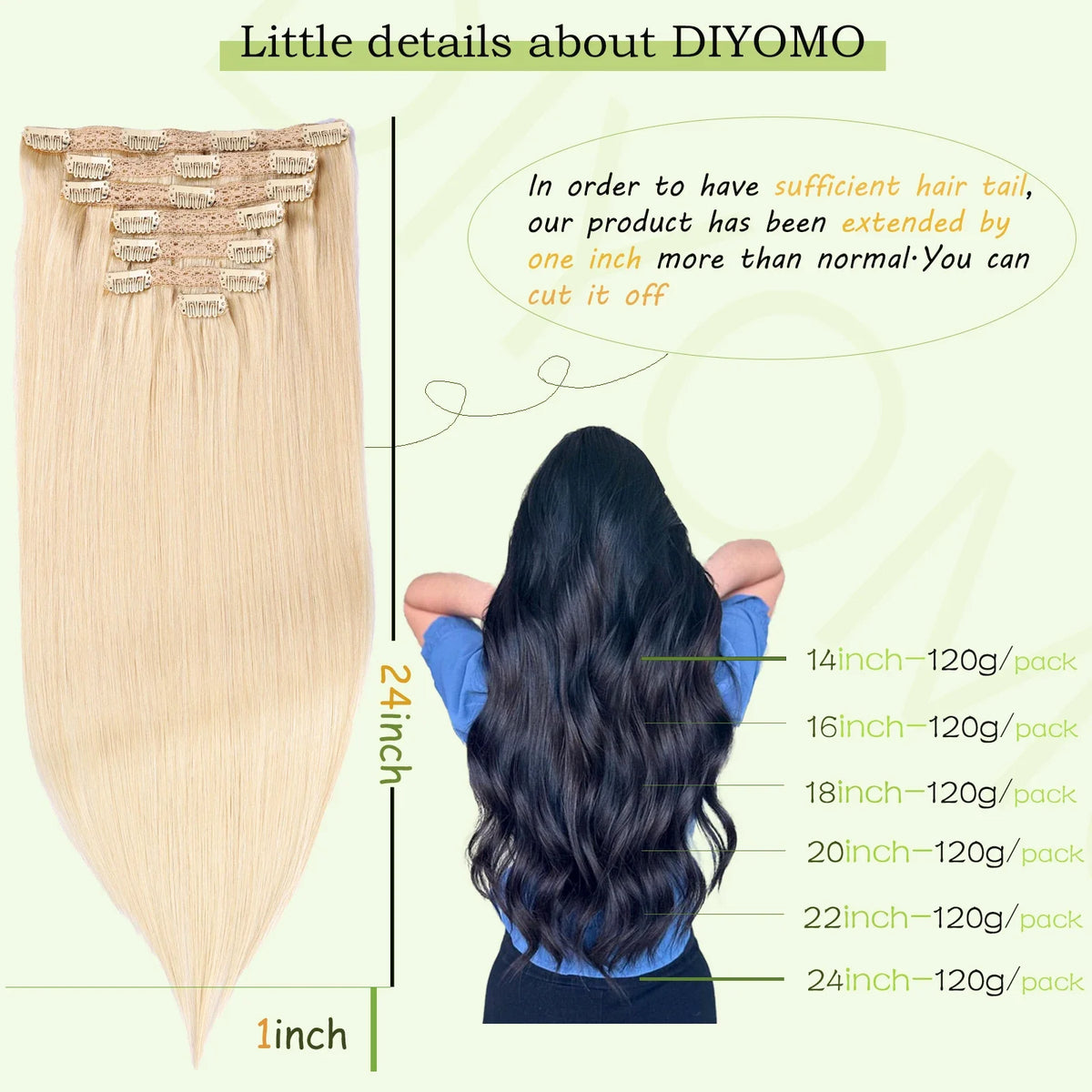 DIYOMO natural black straight clip-in hair extensions, 100% human hair with seamless invisible wefts