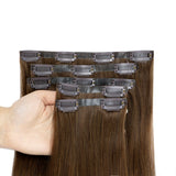 HSF Marketplace invisible PU weft clip-in human hair extensions, 7-piece silk straight set, 12–24 inch lengths