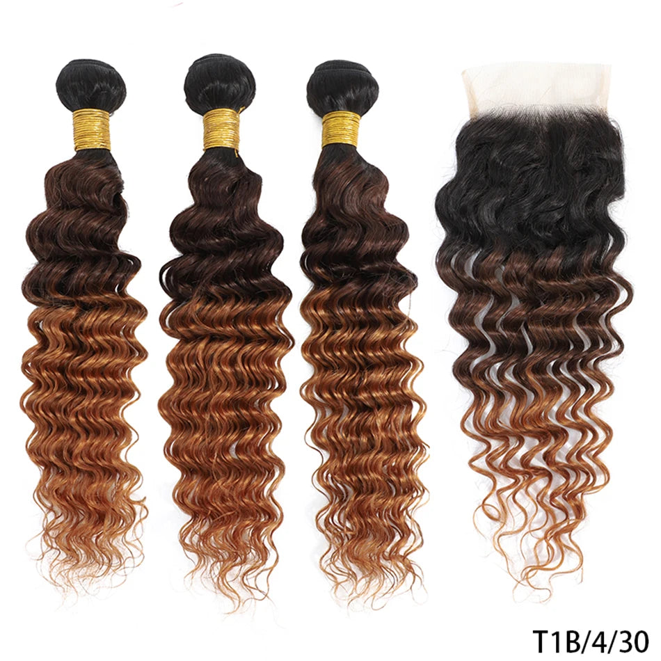 DreamDiana 12A Brazilian Deep Wave 3 Bundles with Closure Ombre Human Hair Bundles with Closure Curly Hair Bundles with Closure