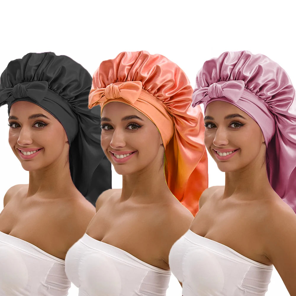 3-piece satin long bonnet set with wide brim and bow tie for everyday hair styling by HSF Marketplace