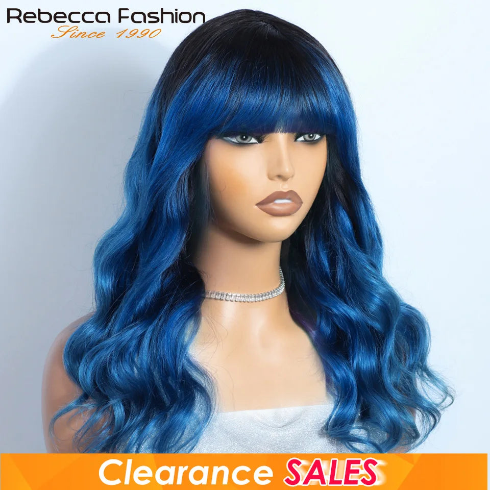 Blue Rebecca T1B human hair wig with body wave texture, bangs, and fringe, made from Brazilian 180D human hair for women and cosplay.