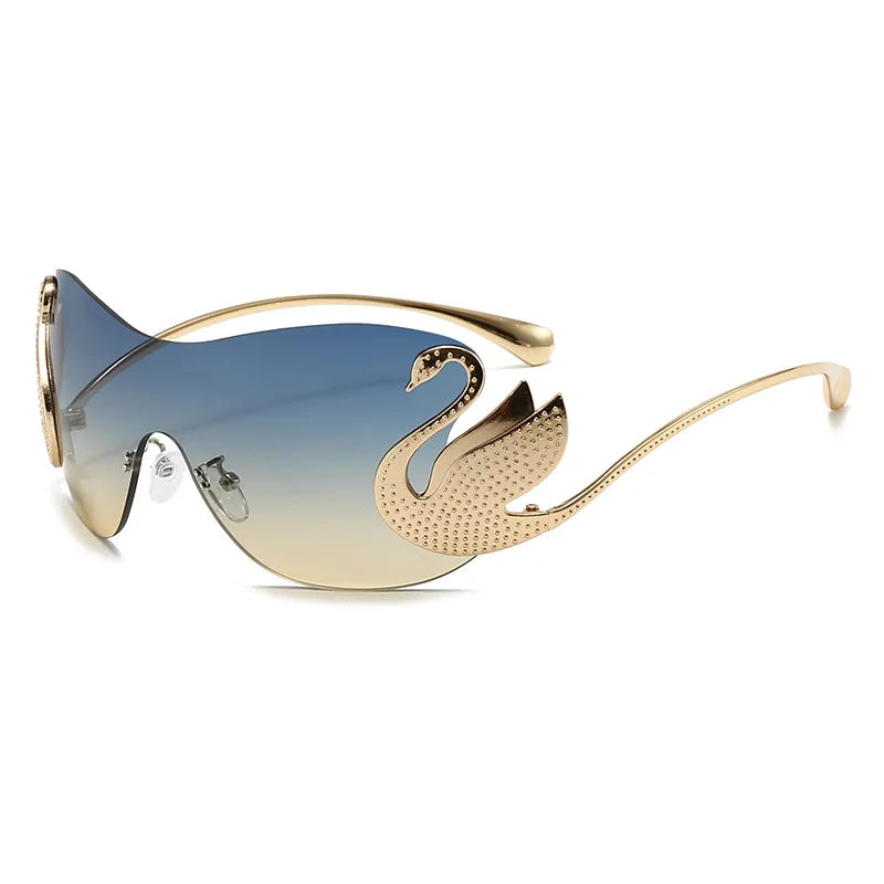 Y2k trendy oversized rimless sunglasses for women by HSF Marketplace with gradient lenses and swan inlay design.