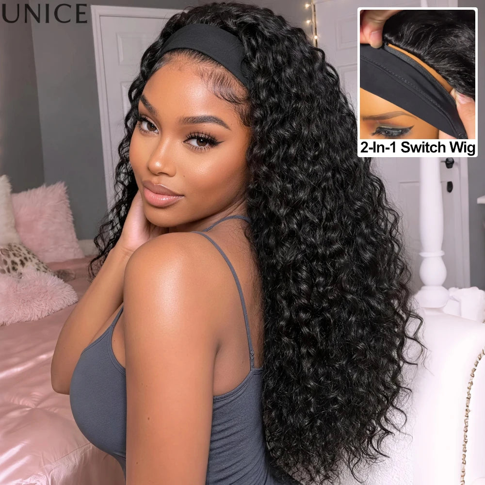 UNice 2-in-1 water wave headband wig and half wig, 100% human hair with switch, shown on model