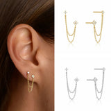 Luxury CZ double ear studs with tassel chains for women, HSF Marketplace jewelry