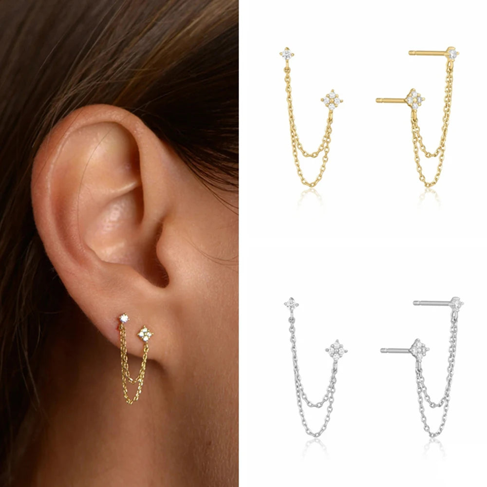 Luxury CZ double ear studs with tassel chains for women, HSF Marketplace jewelry