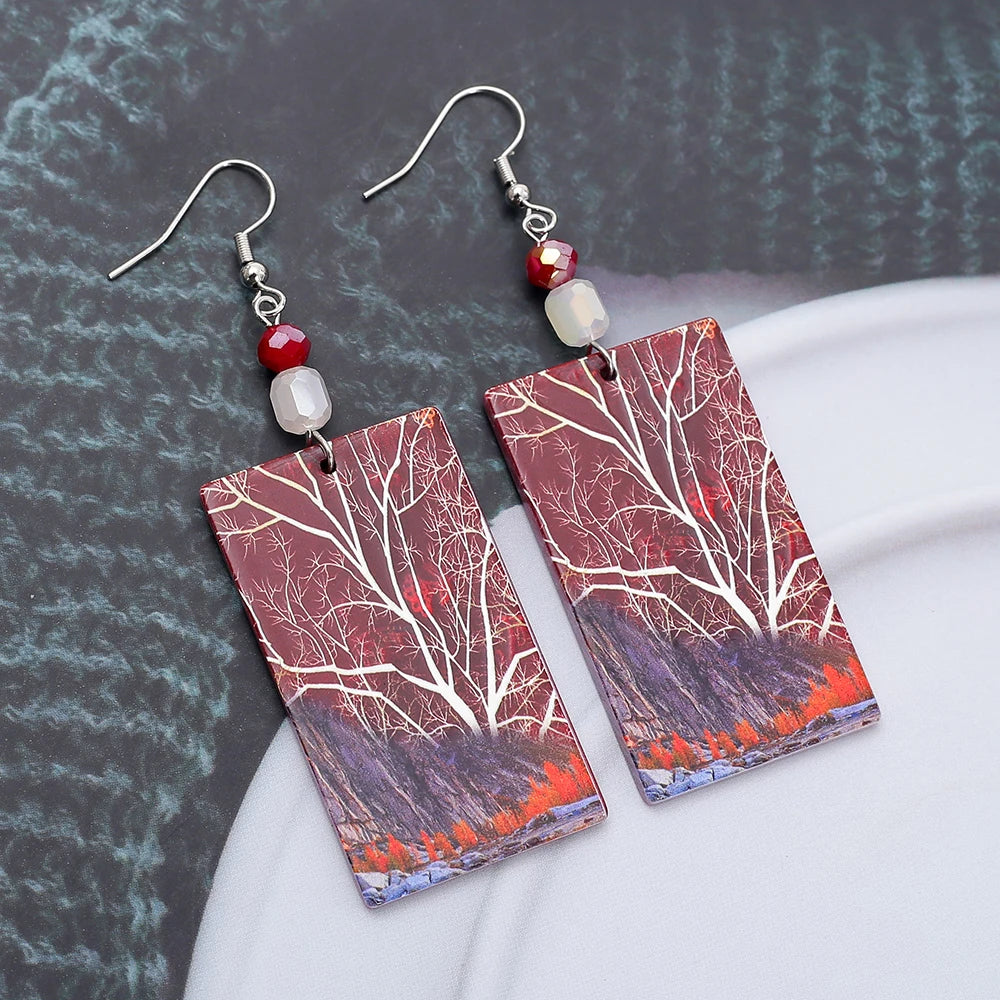 Red brown vintage tree dangle earrings for women by HSF Marketplace