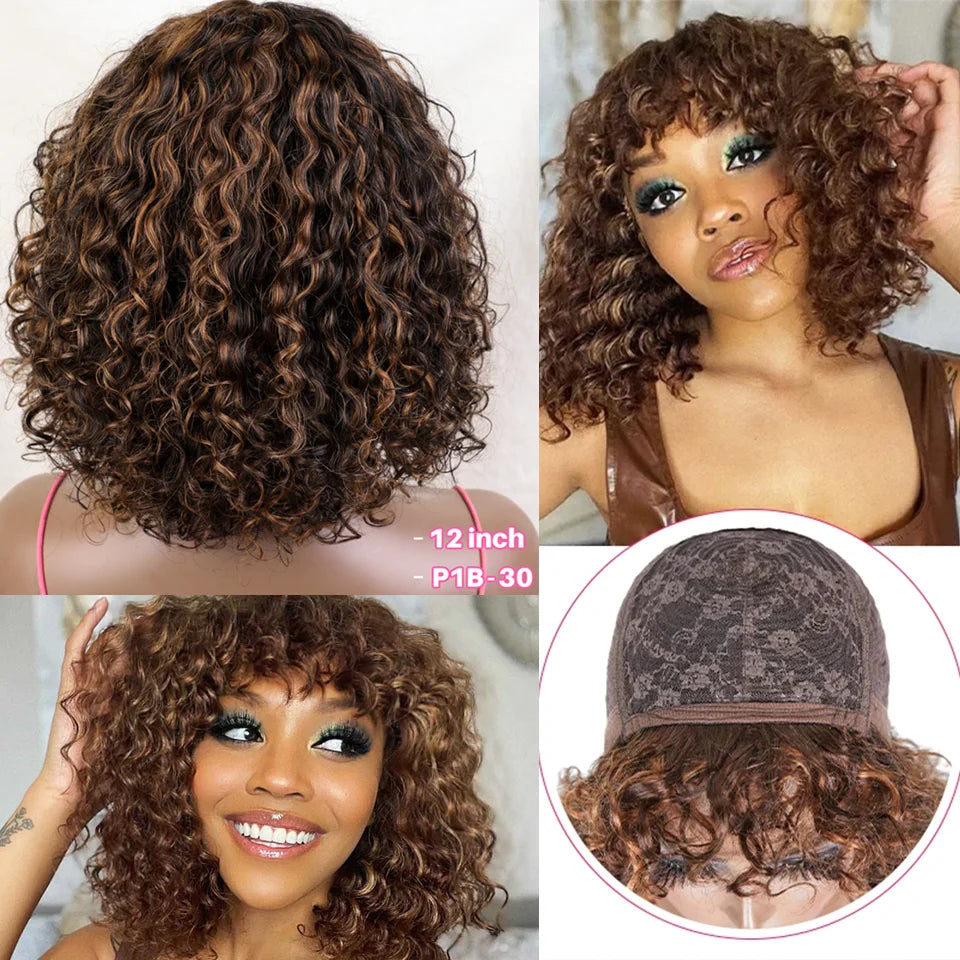 Short curly bob wig with bangs, 100% human Brazilian Remy hair, natural color, glueless daily wear, by HSF Marketplace