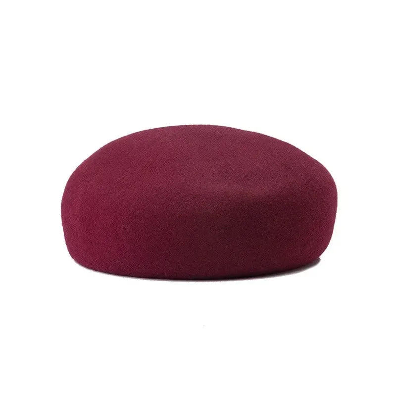 Women’s wool felt beret hat with vintage hard concave top, pillbox fascinator style for weddings and cocktail parties