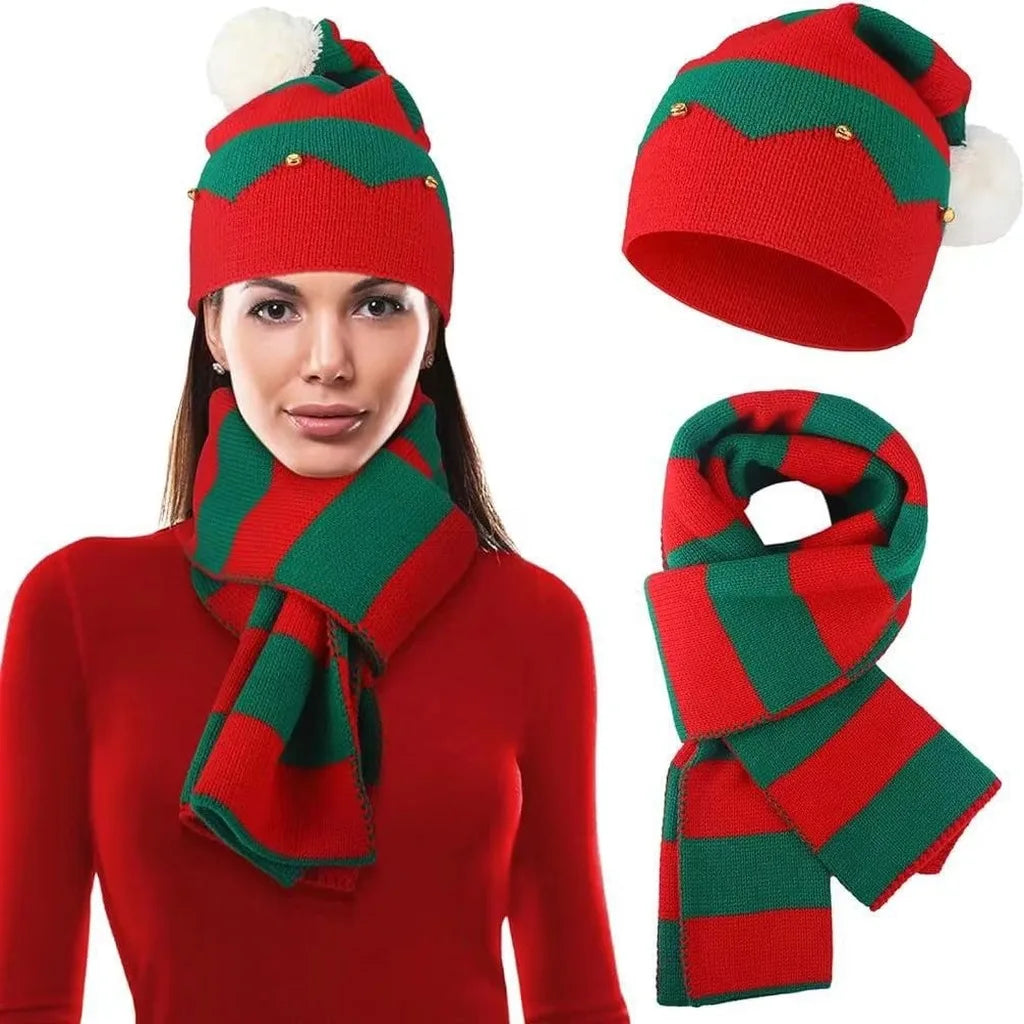 Christmas-themed knitted winter hat, scarf, and gloves set by HSF Marketplace, styled for cold-weather warmth