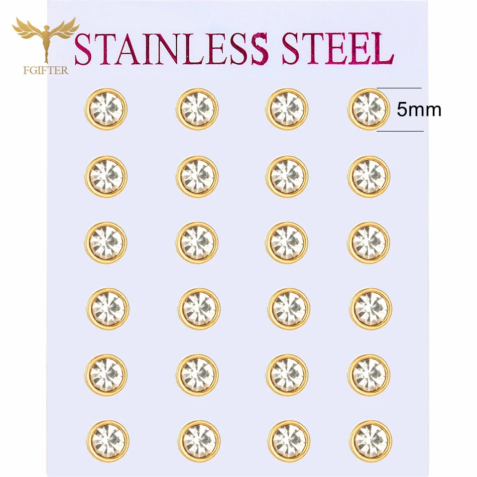 12 pairs white crystal stud earrings set, 2-7mm round and square zircons with golden stainless steel posts
