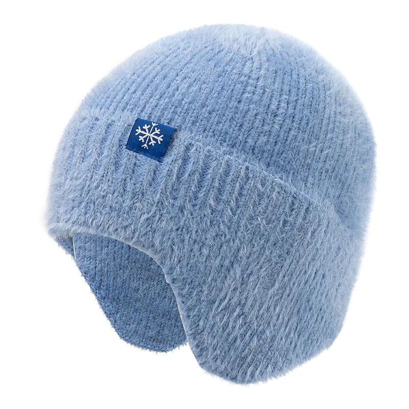Women's candy-color earflap winter hat, soft faux fur knitted beanie in Kpop streetwear style
