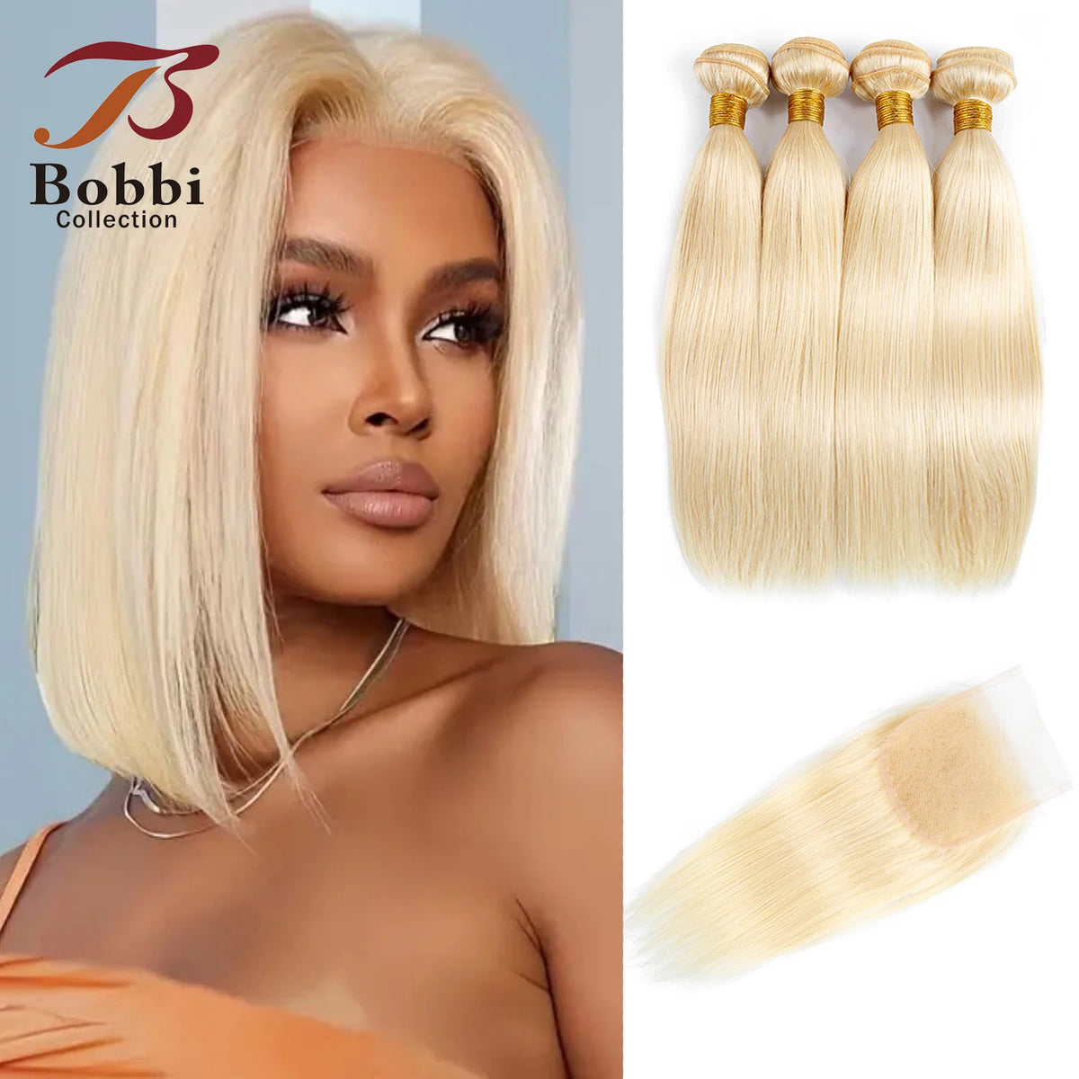3/4 Bundles with Closure 50g/pc #613 100% Human Hair Weave 4*4 Transparent Lace Frontal Free Part Platinum Blonde Straight Bobbi