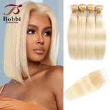 3/4 Bundles with Closure 50g/pc #613 100% Human Hair Weave 4*4 Transparent Lace Frontal Free Part Platinum Blonde Straight Bobbi