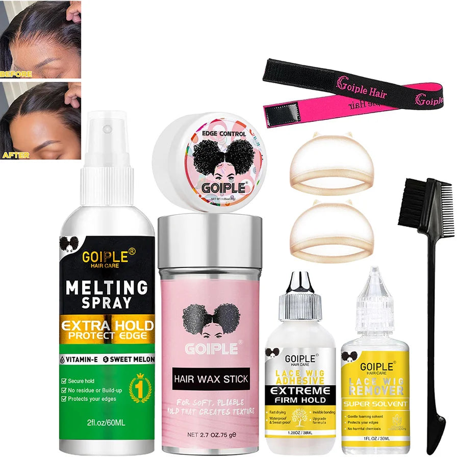 HSF Marketplace GOIPLE lace wig install and removal kit with melting spray, edge control wax brush, elastic band, and hair caps.