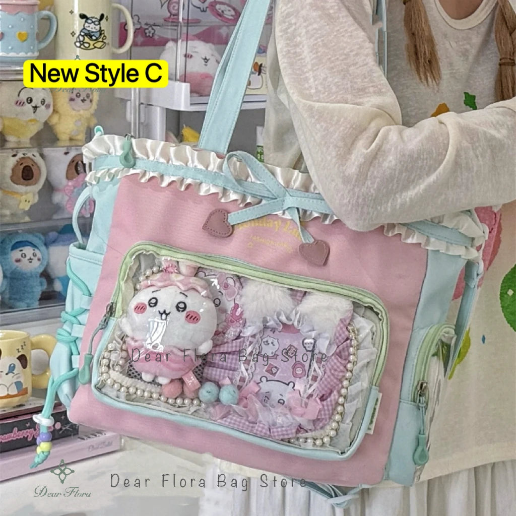 Transparent Japanese Ita Bag by HSF Marketplace featuring a large capacity crossbody design with cute Y2K Lolita girl aesthetic.