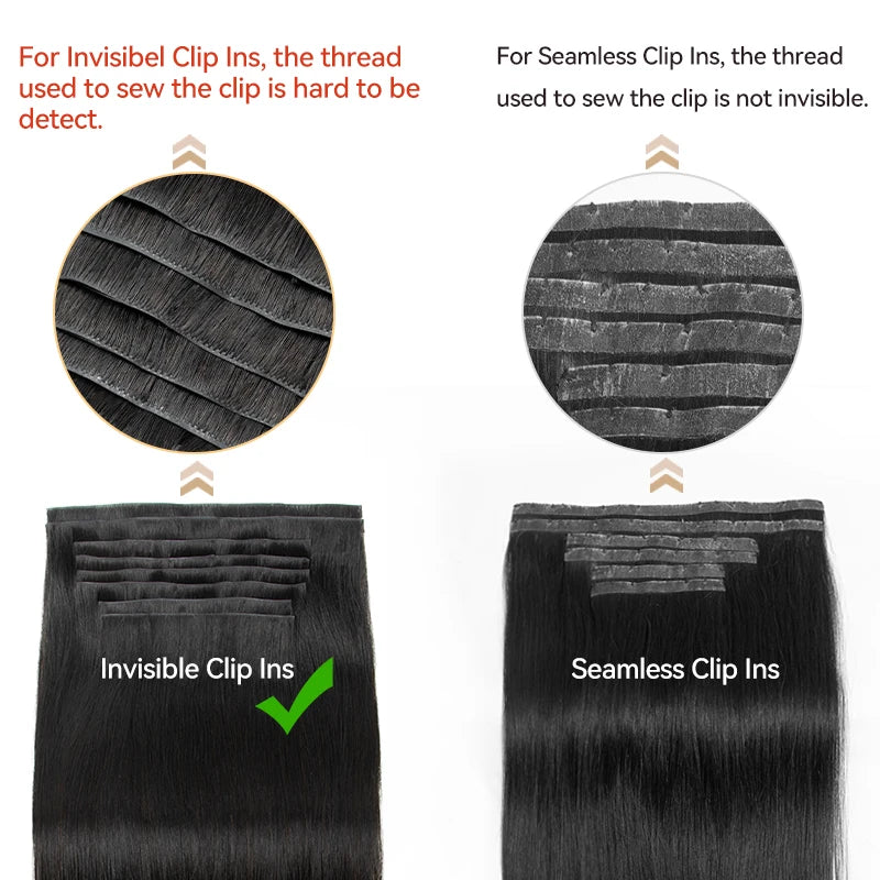 HSF Marketplace invisible PU weft clip-in human hair extensions, 7-piece silk straight set, 12-24 inches