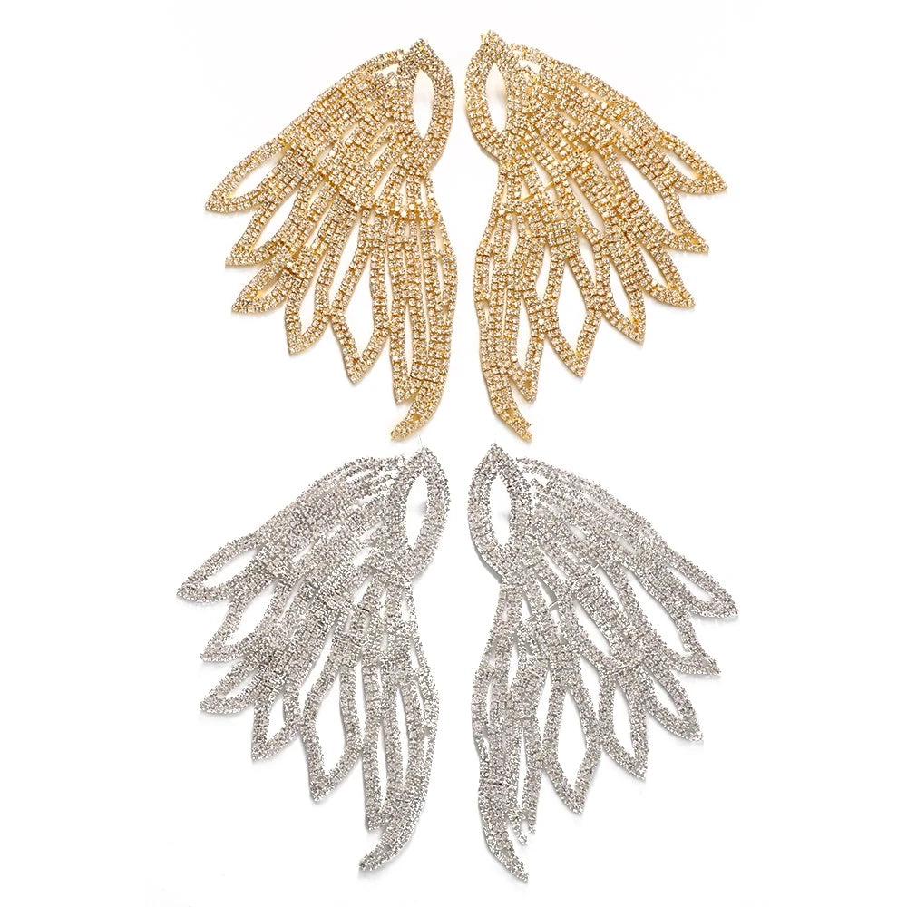 Oversized rhinestone wing drop earrings for women, featuring sparkling wing-shaped jewelry in a dangling design