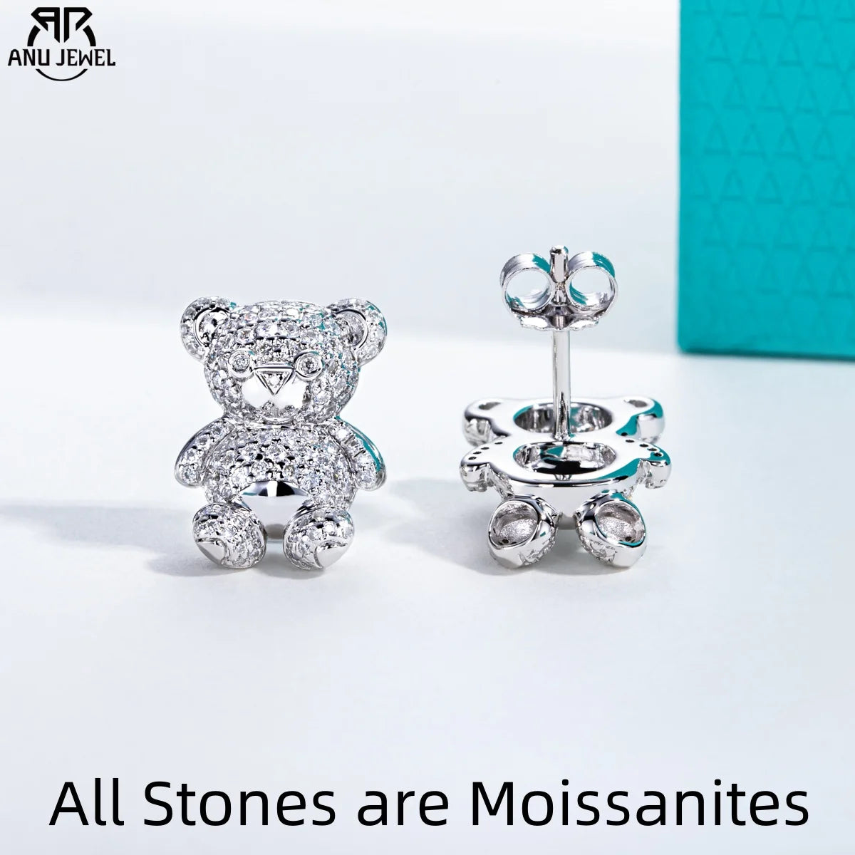 AnuJewel moissanite bear stud earrings in 925 sterling silver, D color VVS1 stones for women