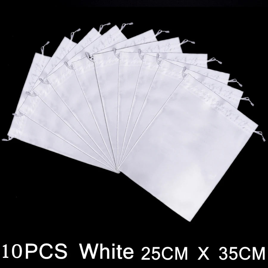 Silk wig storage bags by HSF Marketplace, satin drawstring hair extension packaging for safe hair bundle storage.