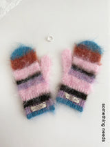 Y2K striped winter scarf, gloves and hat set for women in a coordinated design