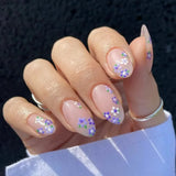 24-piece HSF Marketplace short almond press-on false nails with pink floral French tips and glossy full-cover finish