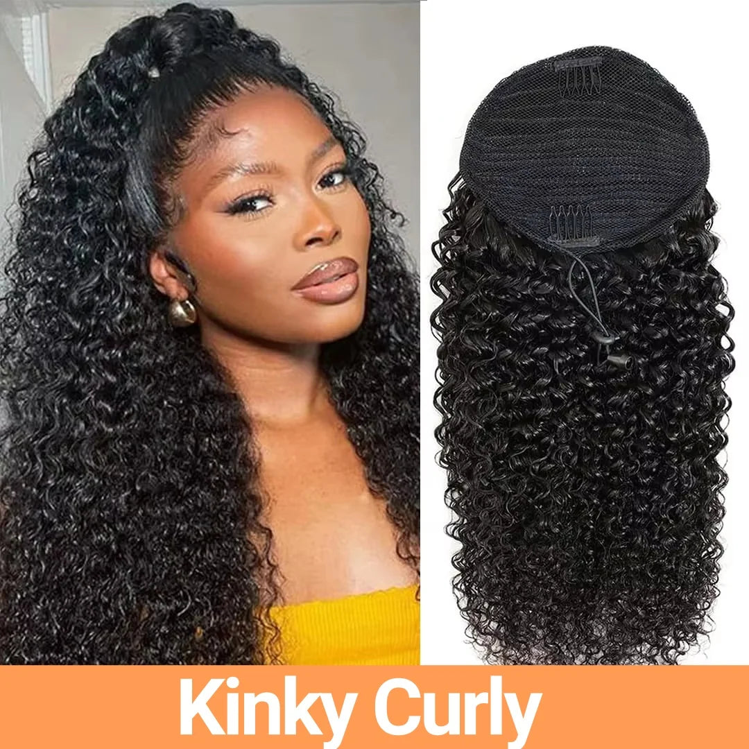 Water wave wrap-around drawstring ponytail human hair extension by HSF Marketplace