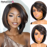 99J red glueless short straight bob wig with bangs, 4C Brazilian Remy human hair for women