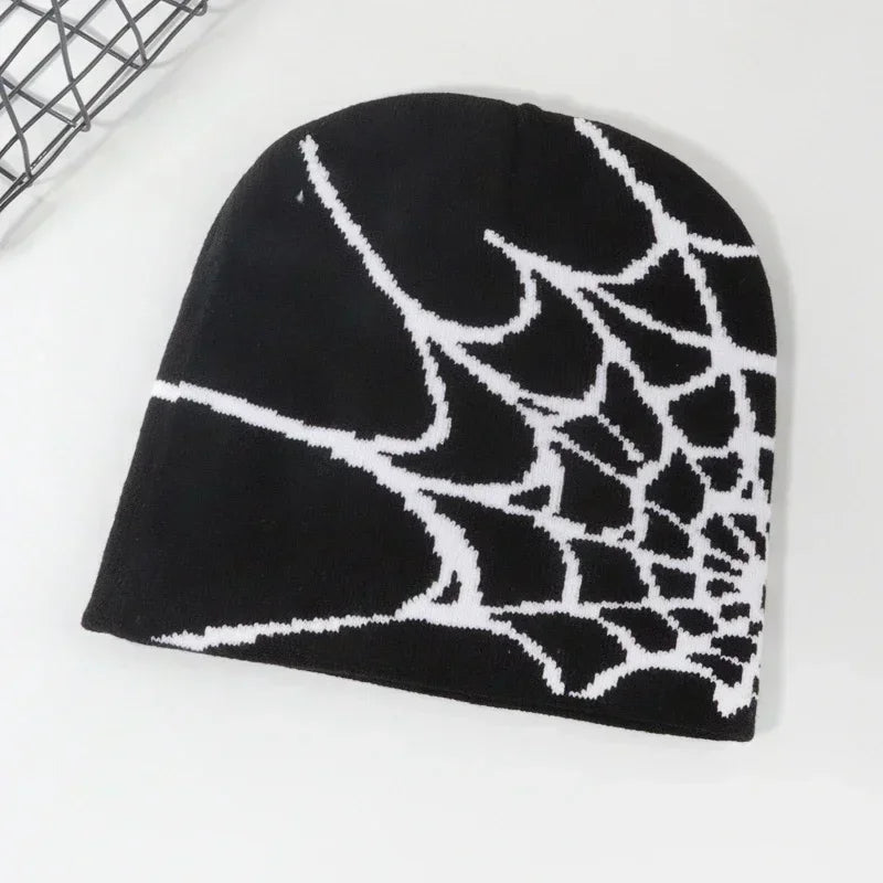 Women's knitting spider web skull beanie hat, Y2K goth pullover pile cap with hip-hop street style