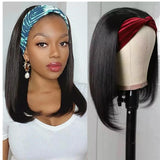 Short straight bob headband wig, 8–16 inch Peruvian Remy human hair, natural black, machine-made scarf wig