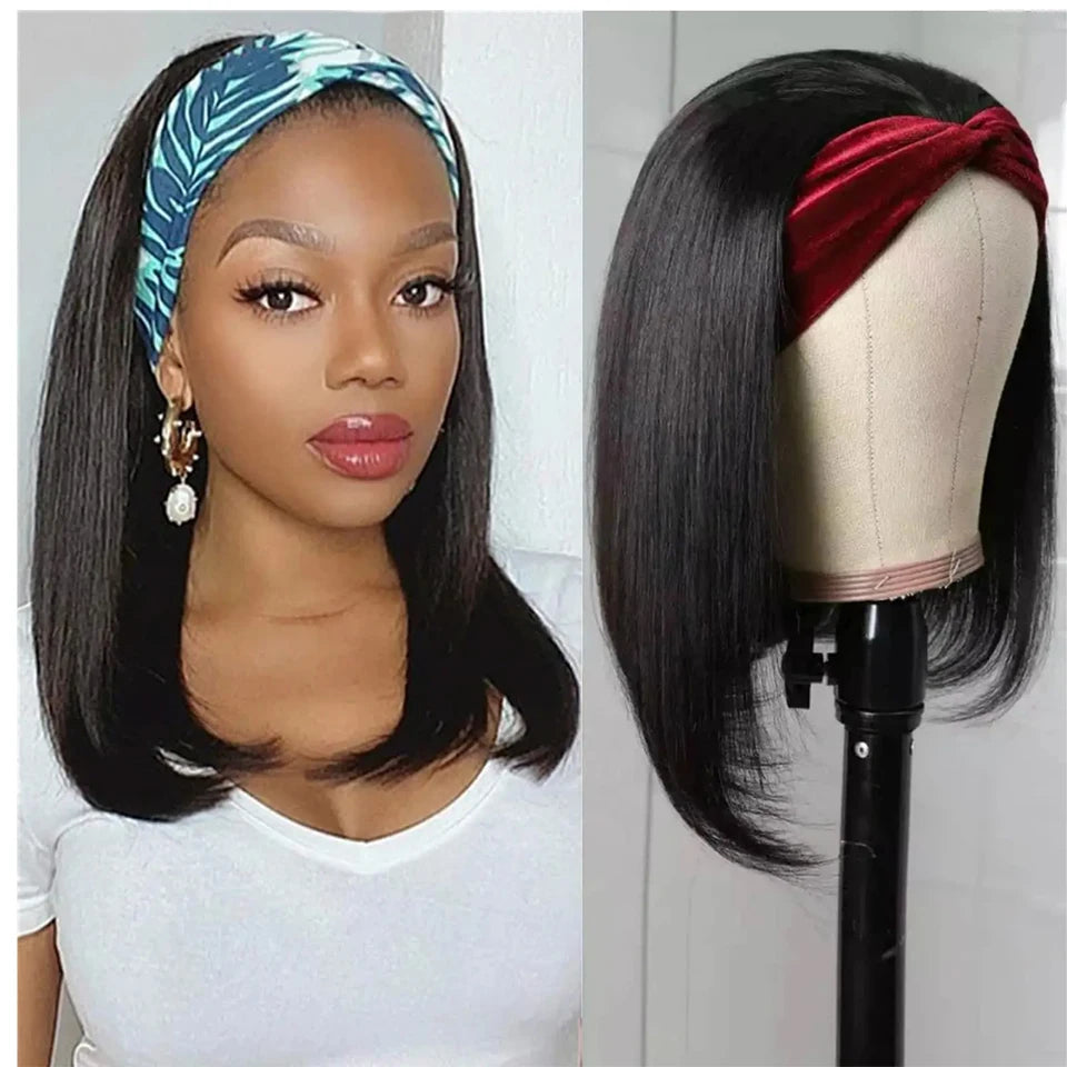 Short straight bob headband wig, 8–16 inch Peruvian Remy human hair, natural black, machine-made scarf wig