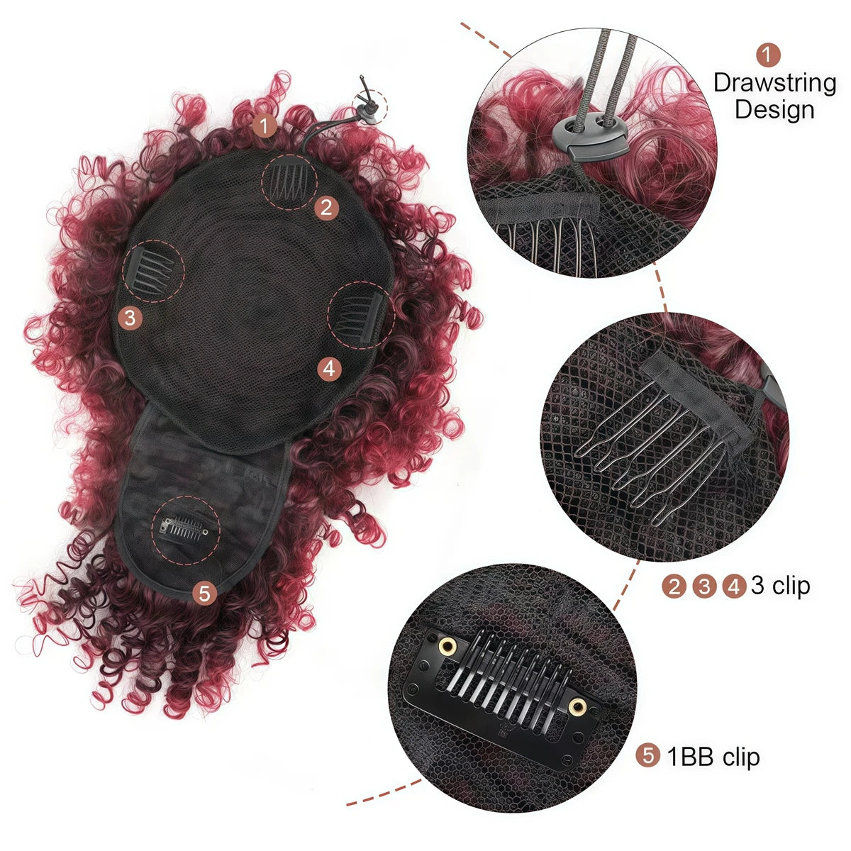 Short curly afro puff drawstring ponytail in ombre burgundy synthetic hair with bangs by HSF Marketplace