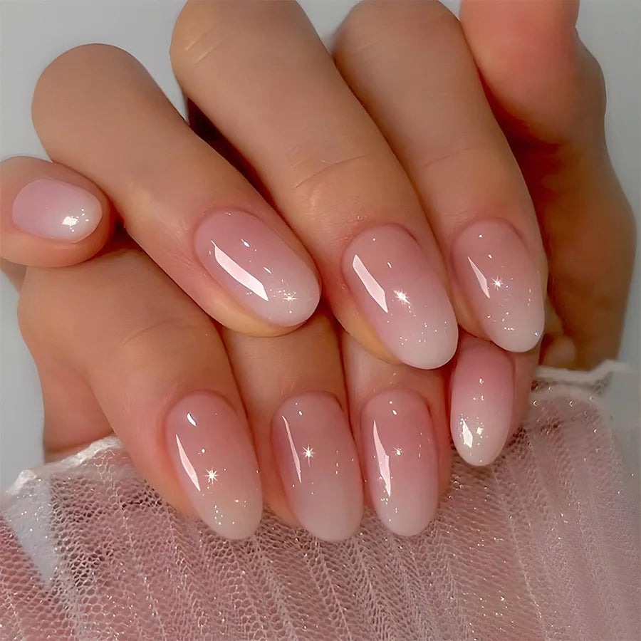 24-piece oval short pink ombre press-on false nails with simple spring nail art for women and girls