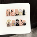 10pcs short duck bill press-on false nails with pink French tips, 3D butterfly flowers, pearls, hearts and rhinestones